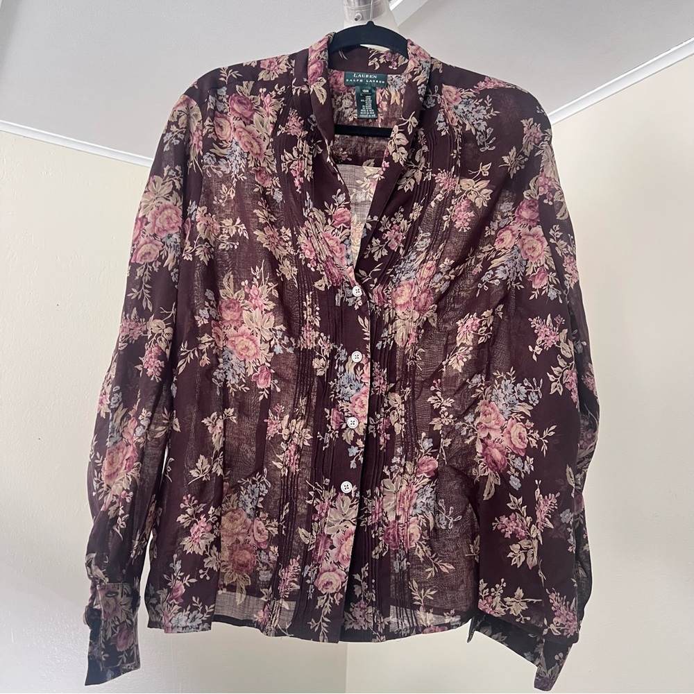 Vintage 90’s Ralph Lauren Chiffon Blouse with Dusty Pink and Blue Floral Design